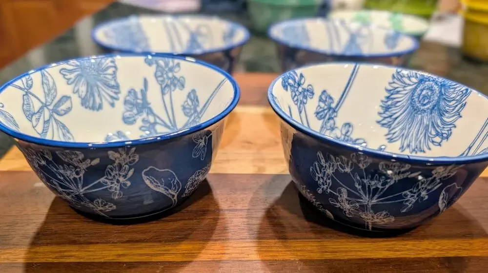Stoneware Botanical Print bowls, Set of 4, New, Indigo Blue!